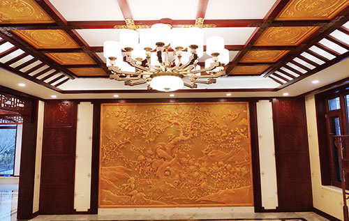 九江中式别墅客厅中式木作横梁吊顶装饰展示