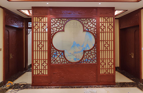 九江会所室内装修中式仿古实木屏风隔断展示