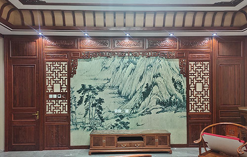 九江中式仿古别墅客厅背景墙花格木作装饰